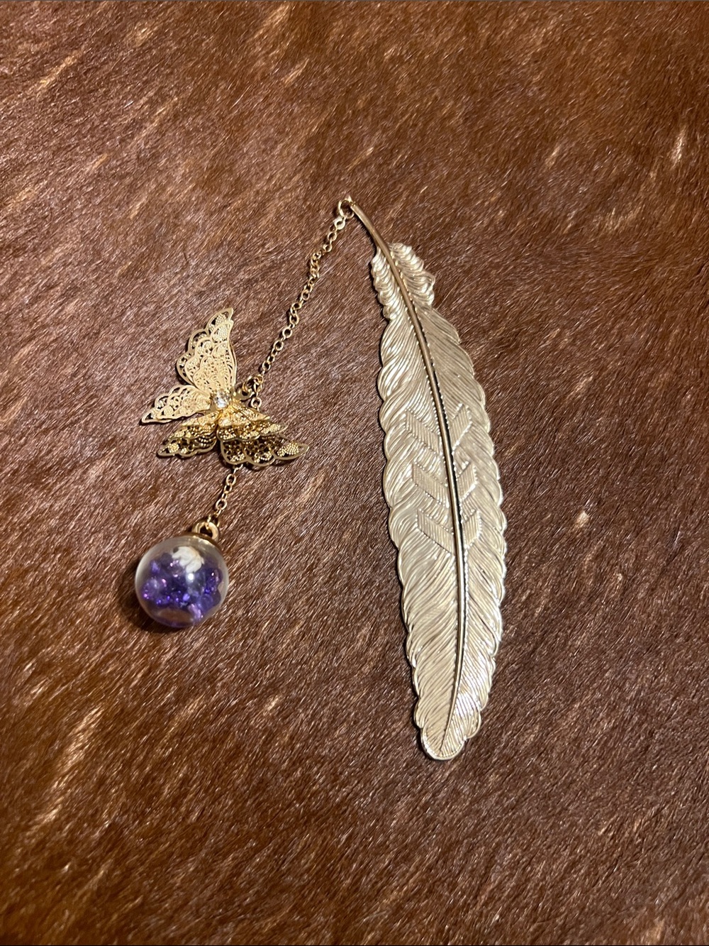 Metal Feather Bookmark With Butterfly And Orb With Flower Tassel Gold Tone